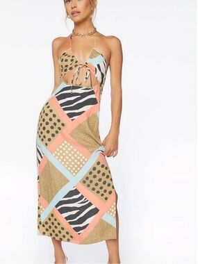 Forever 21 Halter Cutout Midi Dress in Coral, Light Blue & Tan